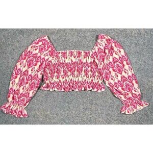 Pink Lily Crop Top With Balloon Sleeves Pink And Beige Size Large